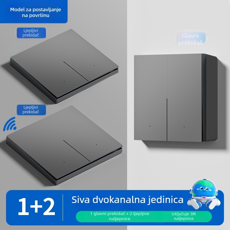 Bežični daljinski prekidač za kućnu upotrebu, površinski montiran, 220V, zidni dvostruki upravljač, samoljepljivi