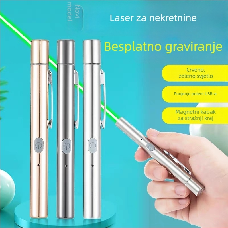 Metalni laserski pokazivač s USB punjenjem, otisak logotipa, prilagođavanje i licenca privatne marke; pogodan za sand-table prezentacije, konferencije, vođenje tura i izložbene dvorane
