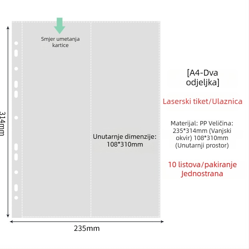 Unutarnje stranice fotoalbuma s prozirnim PP džepovima, zamjenjive, kompatibilne s 4- i 6-otvora, 10 ili 25 listova