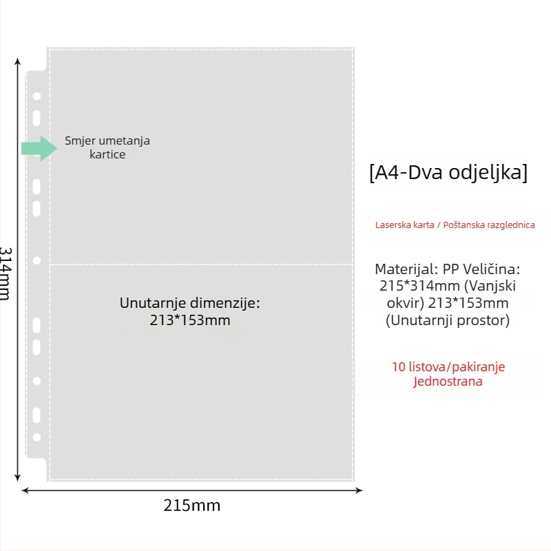 Unutarnje stranice fotoalbuma s prozirnim PP džepovima, zamjenjive, kompatibilne s 4- i 6-otvora, 10 ili 25 listova