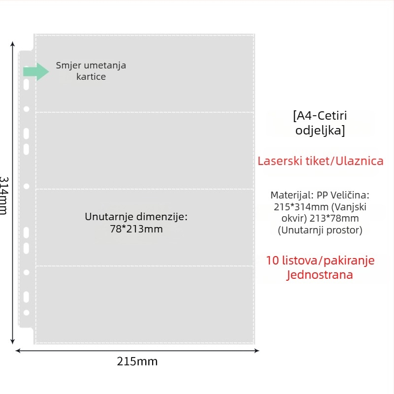 Unutarnje stranice fotoalbuma s prozirnim PP džepovima, zamjenjive, kompatibilne s 4- i 6-otvora, 10 ili 25 listova