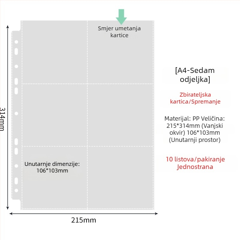 Unutarnje stranice fotoalbuma s prozirnim PP džepovima, zamjenjive, kompatibilne s 4- i 6-otvora, 10 ili 25 listova