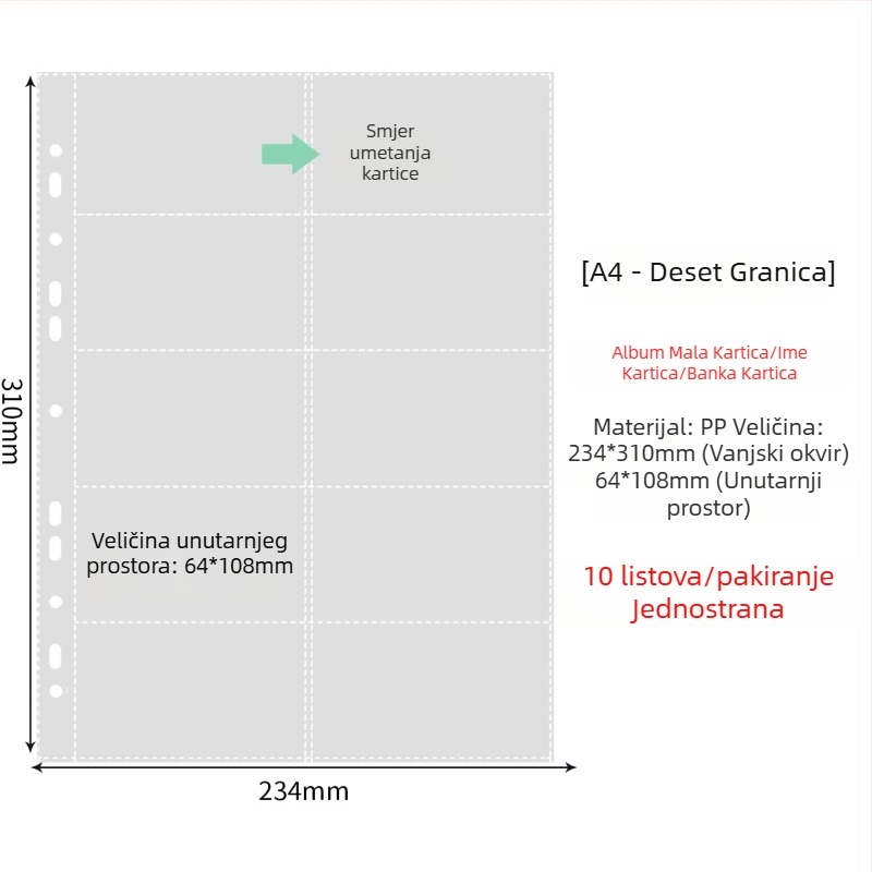 Unutarnje stranice fotoalbuma s prozirnim PP džepovima, zamjenjive, kompatibilne s 4- i 6-otvora, 10 ili 25 listova