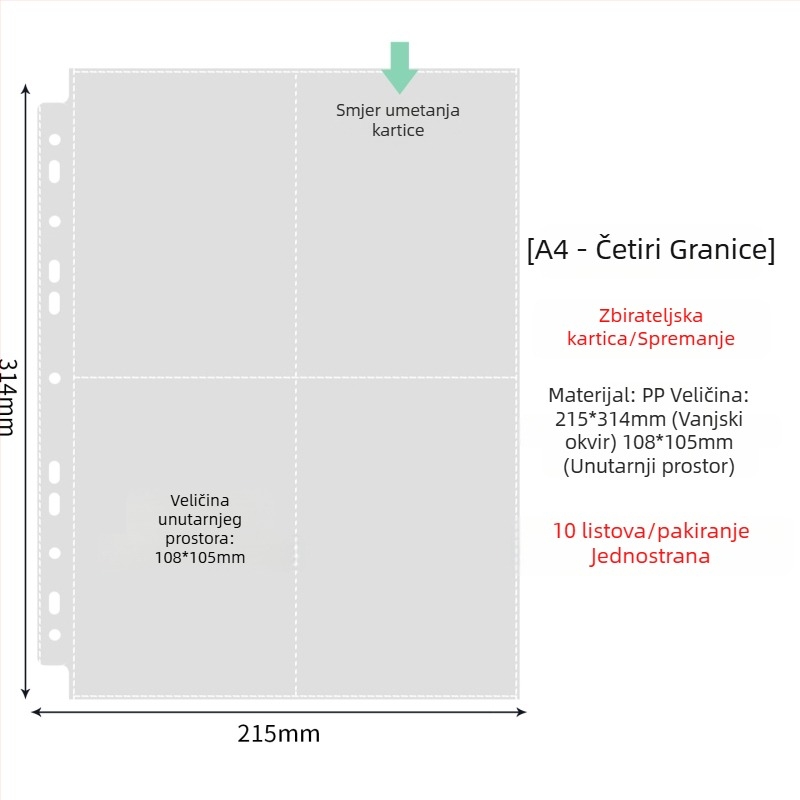 Unutarnje stranice fotoalbuma s prozirnim PP džepovima, zamjenjive, kompatibilne s 4- i 6-otvora, 10 ili 25 listova