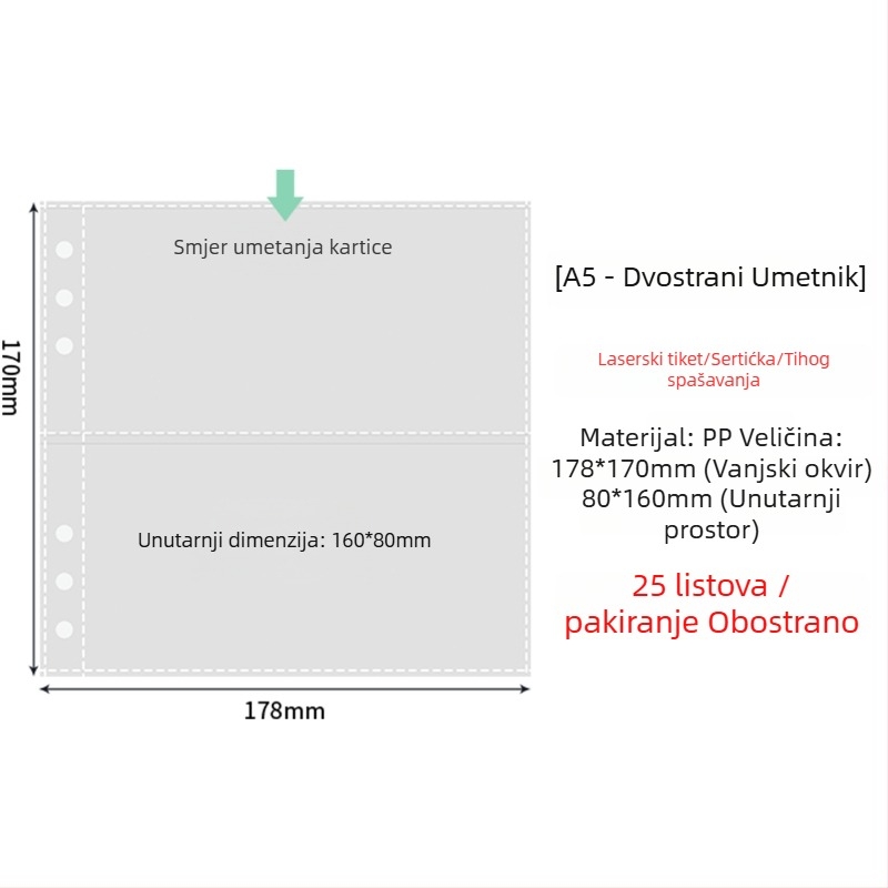 Unutarnje stranice fotoalbuma s prozirnim PP džepovima, zamjenjive, kompatibilne s 4- i 6-otvora, 10 ili 25 listova