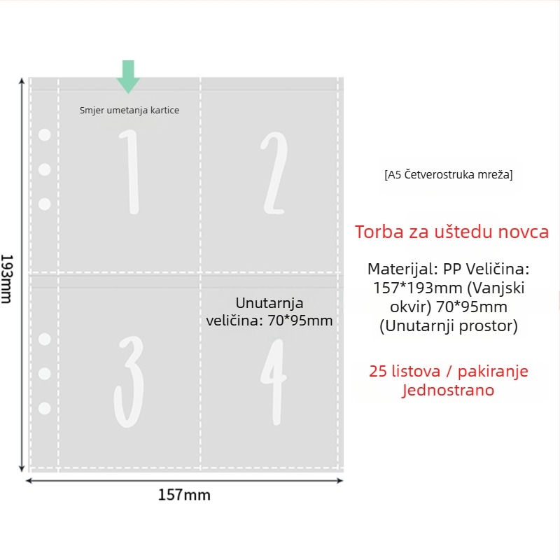 Unutarnje stranice fotoalbuma s prozirnim PP džepovima, zamjenjive, kompatibilne s 4- i 6-otvora, 10 ili 25 listova