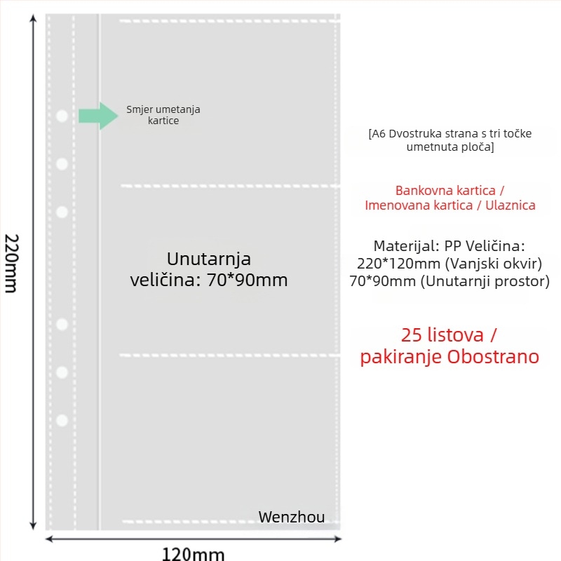 Unutarnje stranice fotoalbuma s prozirnim PP džepovima, zamjenjive, kompatibilne s 4- i 6-otvora, 10 ili 25 listova