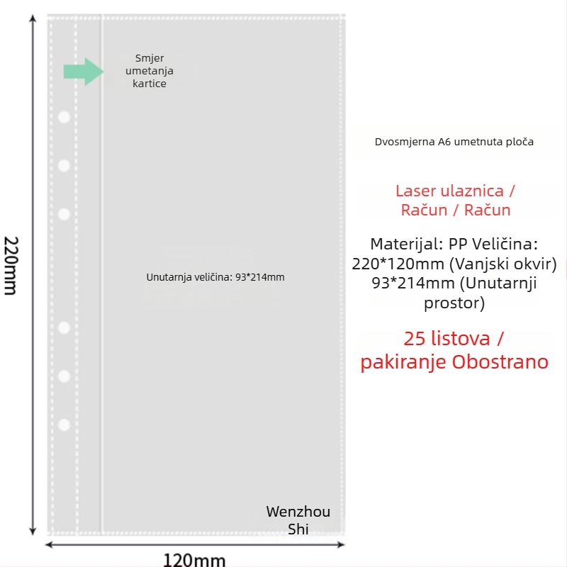 Unutarnje stranice fotoalbuma s prozirnim PP džepovima, zamjenjive, kompatibilne s 4- i 6-otvora, 10 ili 25 listova