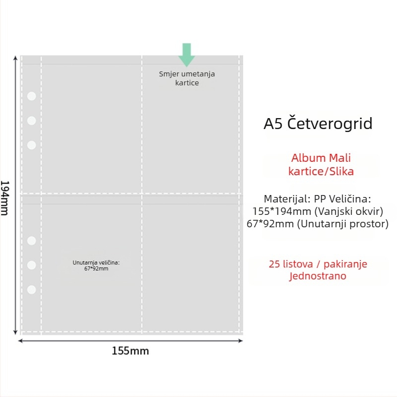 Unutarnje stranice fotoalbuma s prozirnim PP džepovima, zamjenjive, kompatibilne s 4- i 6-otvora, 10 ili 25 listova