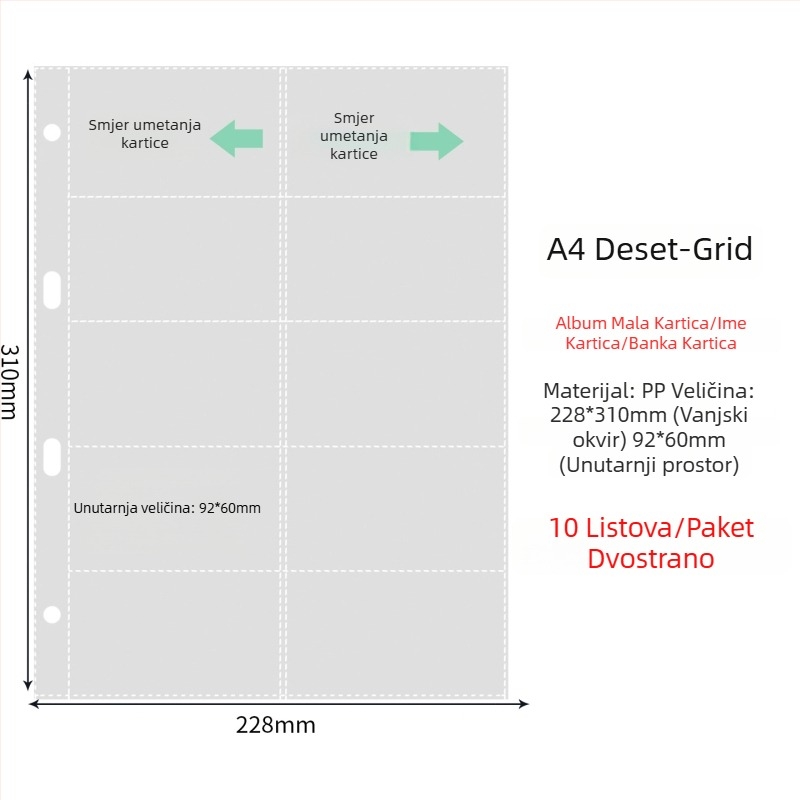 Unutarnje stranice fotoalbuma s prozirnim PP džepovima, zamjenjive, kompatibilne s 4- i 6-otvora, 10 ili 25 listova