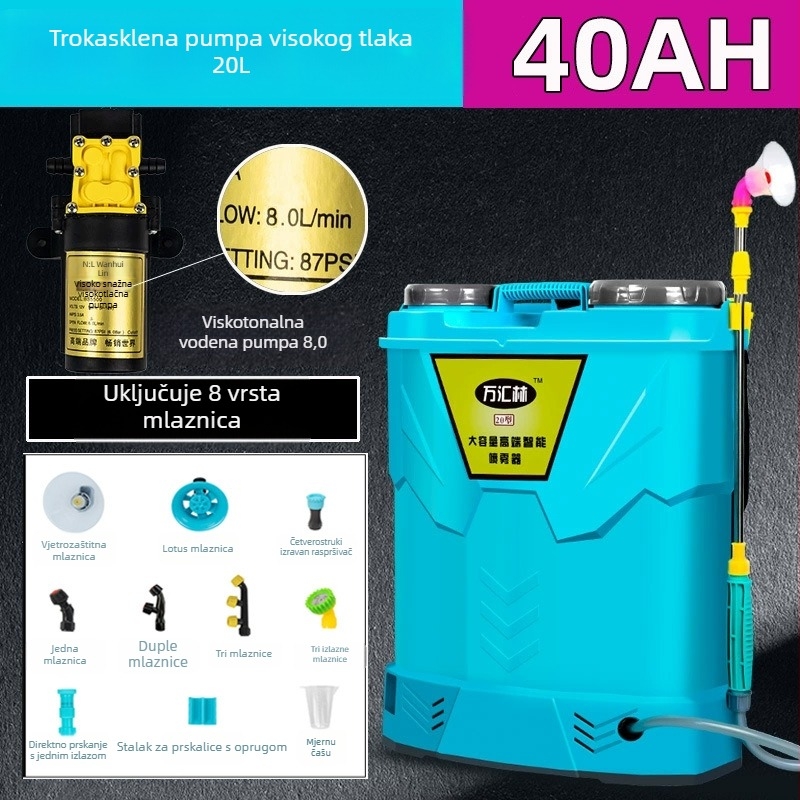 Ruksni prskalo za zaštitu bilja s dvostrukim poklopcem, tri prekidača, litijskom baterijom, visokim tlakom, 20L