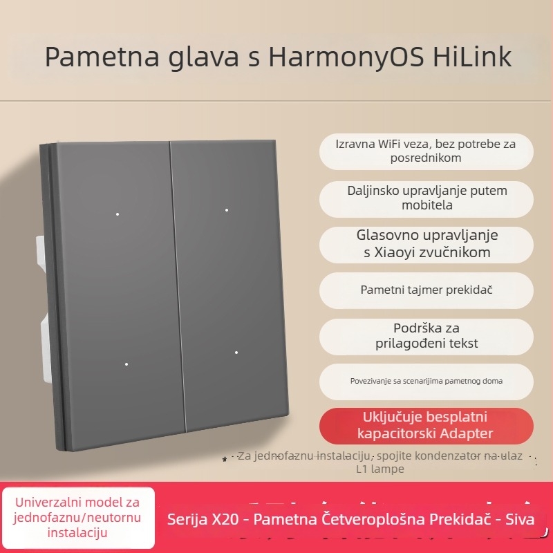 HiLink pametni prekidački panel, četverokanalan, PC visokotemperaturni otporni panel, bežično daljinsko upravljanje i glasovno upravljanje za cijeli dom