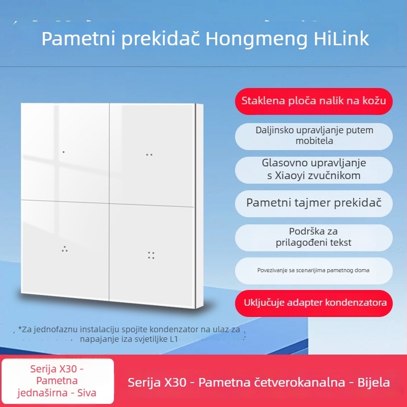 HiLink pametni prekidački panel, četverokanalan, PC visokotemperaturni otporni panel, bežično daljinsko upravljanje i glasovno upravljanje za cijeli dom