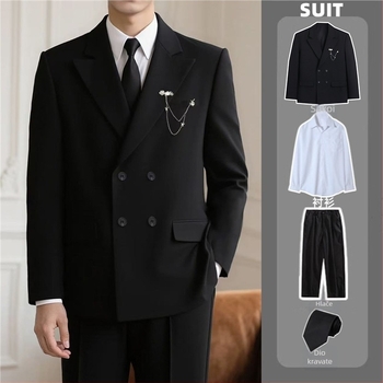 Muško sako za kostim – dvostruko kopčanje, dva gumba, širok kroj, poliester 95%, proljeće 2025, za posao