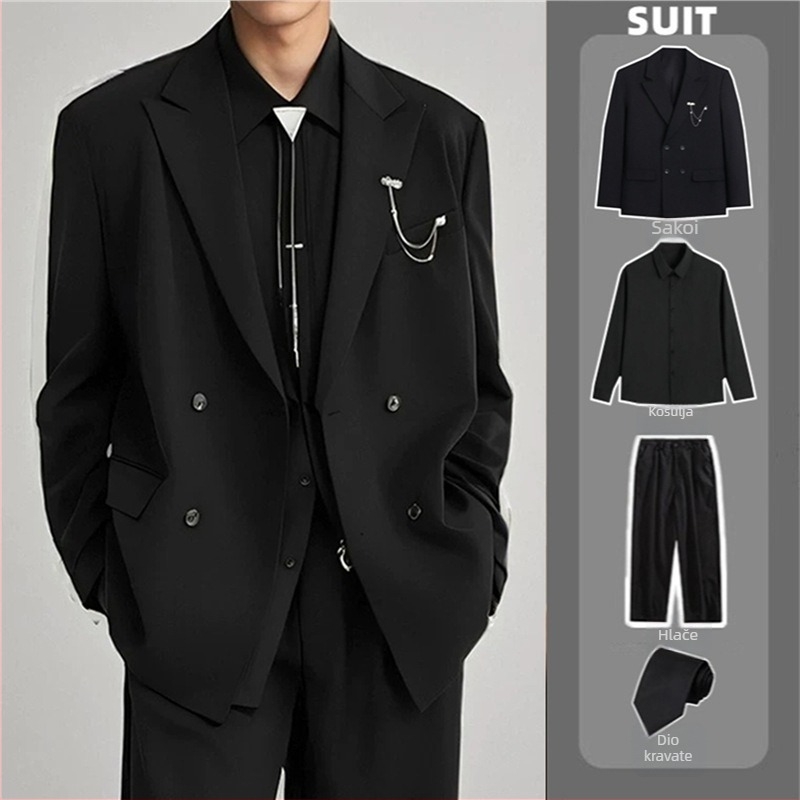 Muško sako za kostim – dvostruko kopčanje, dva gumba, širok kroj, poliester 95%, proljeće 2025, za posao