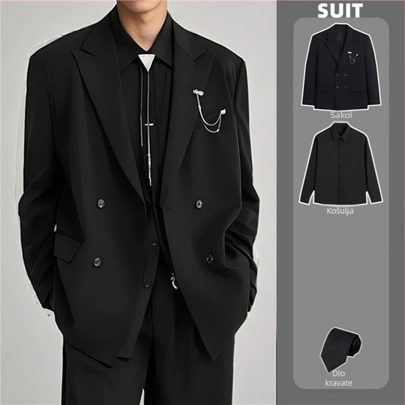 Muško sako za kostim – dvostruko kopčanje, dva gumba, širok kroj, poliester 95%, proljeće 2025, za posao