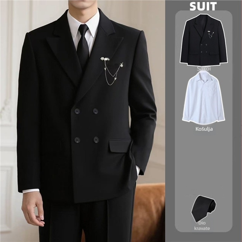 Muško sako za kostim – dvostruko kopčanje, dva gumba, širok kroj, poliester 95%, proljeće 2025, za posao