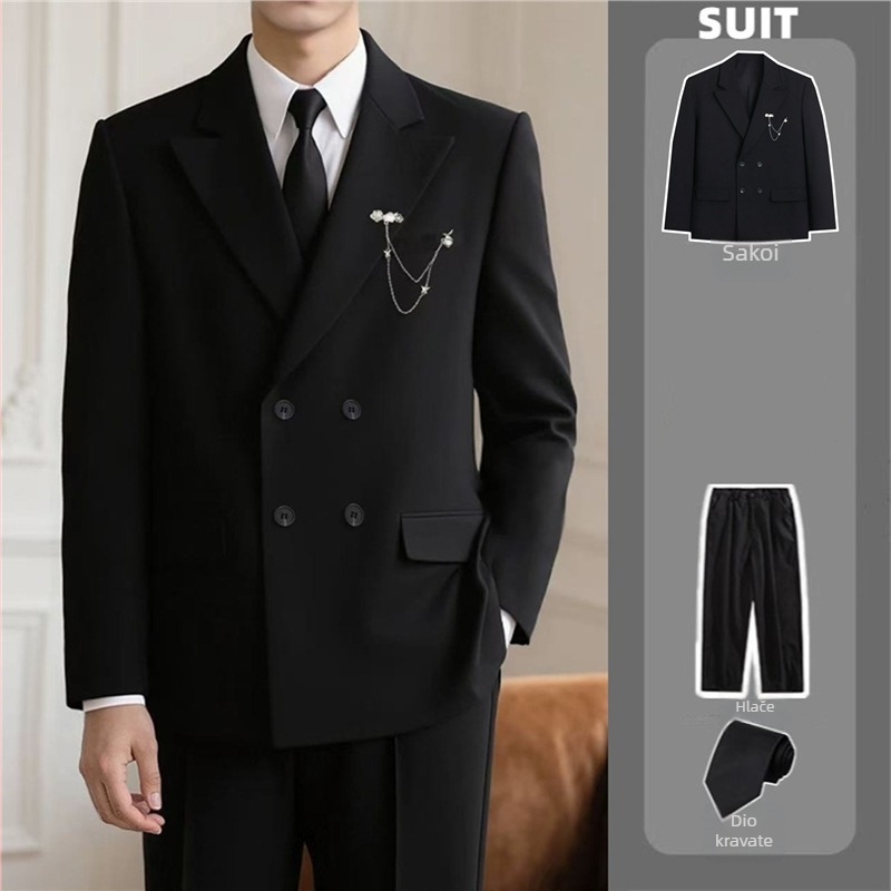 Muško sako za kostim – dvostruko kopčanje, dva gumba, širok kroj, poliester 95%, proljeće 2025, za posao