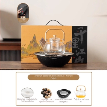 Keramički čajni set s električnom keramičkom pločom za kućnu upotrebu — Celadon premaz, funkcija kuhanja, uključuje čajnik i dodatke za čaj, poklon pakiranje, paket od 6