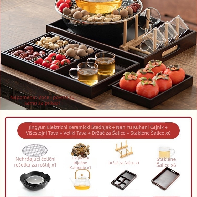 Keramički čajni set s električnom keramičkom pločom za kućnu upotrebu — Celadon premaz, funkcija kuhanja, uključuje čajnik i dodatke za čaj, poklon pakiranje, paket od 6