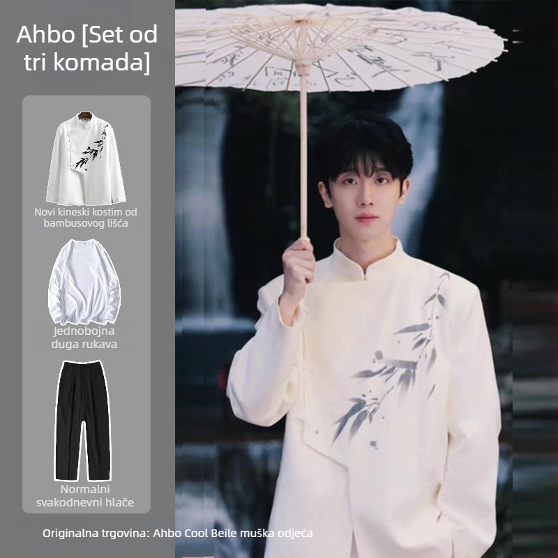 Muško sako u stilu Zhongshan, laneno, stojeći ovratnik, uski kroj, proljeće 2025