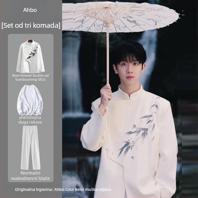 Muško sako u stilu Zhongshan, laneno, stojeći ovratnik, uski kroj, proljeće 2025