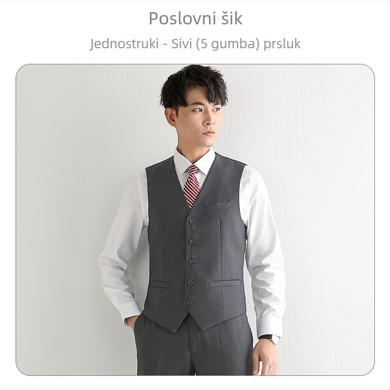 Slim muški prsluk – jednoredno zatvaranje, bez ovratnika, poliester tkanina s poliester podstavom, višestruke džepove, lagani poslovni stil