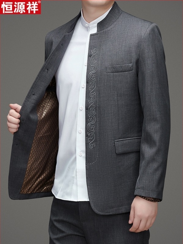 Muško sako u stilu Zhongshan-Tang, casual odijelo, pamuk, bez peglanja, detalji na gumbima, proljeće 2025