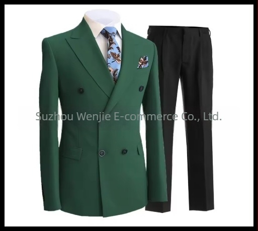 Muški slim fit odijelo s dvostrukim kopčanjem, špičasti rever, serge tkanina (70% poliester), pogodan za vjenčanja