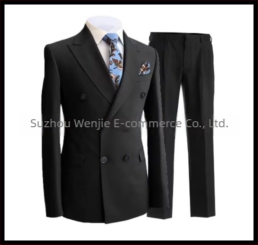 Muški slim fit odijelo s dvostrukim kopčanjem, špičasti rever, serge tkanina (70% poliester), pogodan za vjenčanja