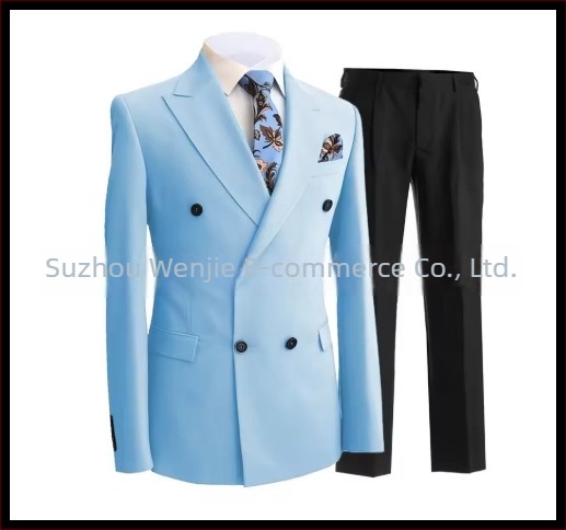 Muški slim fit odijelo s dvostrukim kopčanjem, špičasti rever, serge tkanina (70% poliester), pogodan za vjenčanja