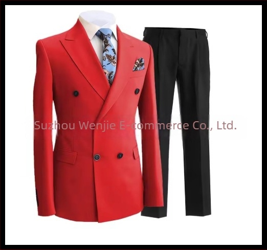 Muški slim fit odijelo s dvostrukim kopčanjem, špičasti rever, serge tkanina (70% poliester), pogodan za vjenčanja