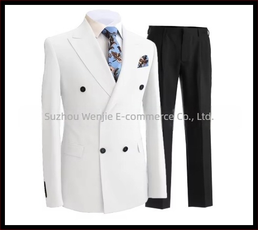 Muški slim fit odijelo s dvostrukim kopčanjem, špičasti rever, serge tkanina (70% poliester), pogodan za vjenčanja