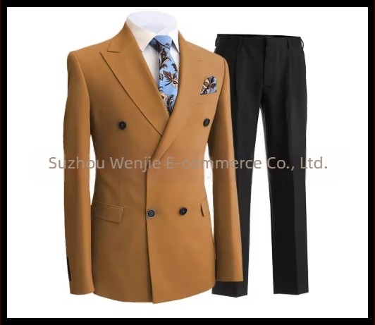 Muški slim fit odijelo s dvostrukim kopčanjem, špičasti rever, serge tkanina (70% poliester), pogodan za vjenčanja