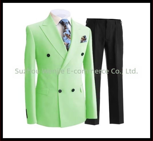 Muški slim fit odijelo s dvostrukim kopčanjem, špičasti rever, serge tkanina (70% poliester), pogodan za vjenčanja