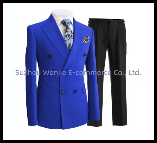 Muški slim fit odijelo s dvostrukim kopčanjem, špičasti rever, serge tkanina (70% poliester), pogodan za vjenčanja