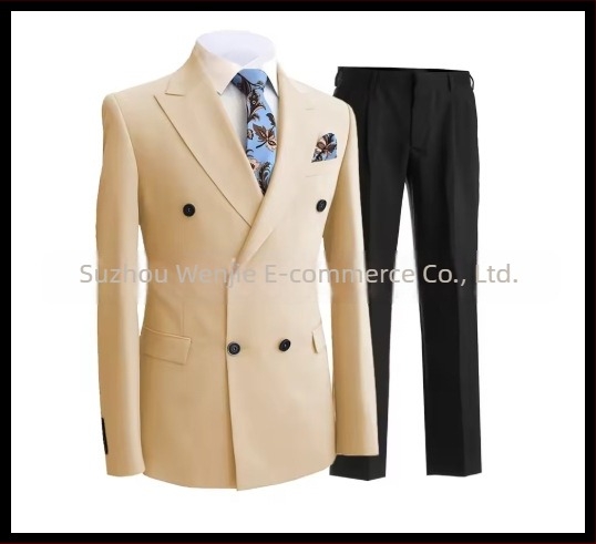 Muški slim fit odijelo s dvostrukim kopčanjem, špičasti rever, serge tkanina (70% poliester), pogodan za vjenčanja