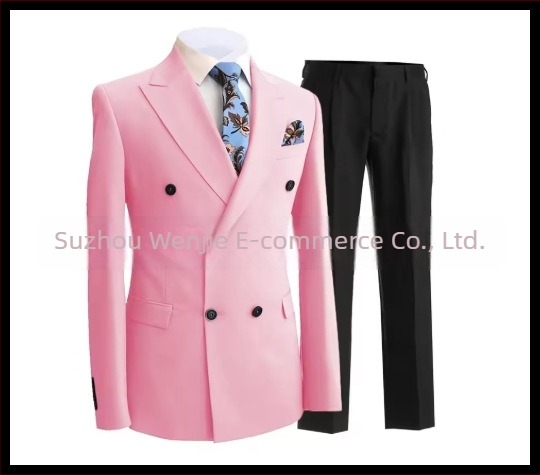 Muški slim fit odijelo s dvostrukim kopčanjem, špičasti rever, serge tkanina (70% poliester), pogodan za vjenčanja