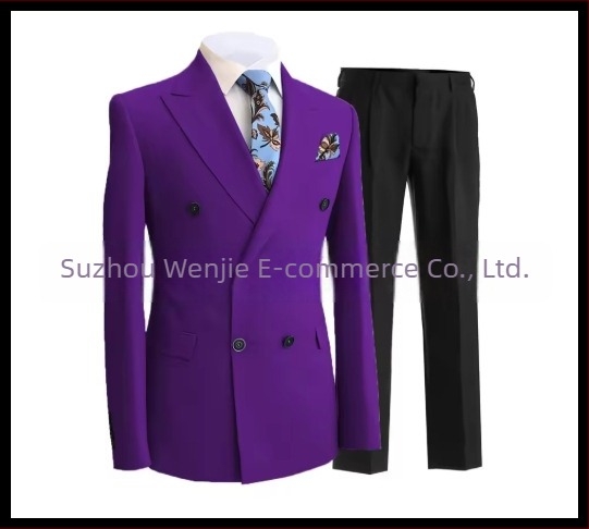 Muški slim fit odijelo s dvostrukim kopčanjem, špičasti rever, serge tkanina (70% poliester), pogodan za vjenčanja