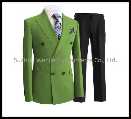 Muški slim fit odijelo s dvostrukim kopčanjem, špičasti rever, serge tkanina (70% poliester), pogodan za vjenčanja