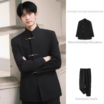 Muški set odijela sa stojećim ovratnikom, jednoredni s tri gumba, uski kroj, poliester smjese, proljeće 2025