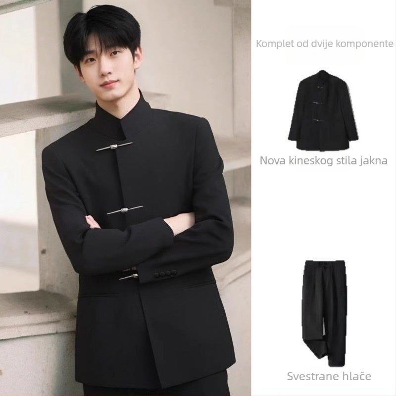 Muški set odijela sa stojećim ovratnikom, jednoredni s tri gumba, uski kroj, poliester smjese, proljeće 2025
