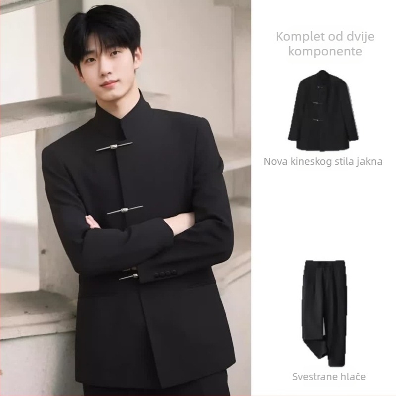 Muški set odijela sa stojećim ovratnikom, jednoredni s tri gumba, uski kroj, poliester smjese, proljeće 2025