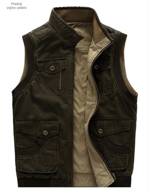 Muška reverzibilna pamučna vesta s stojećim ovratnikom, zatvaračem i patch džepovima, 100% pamuk