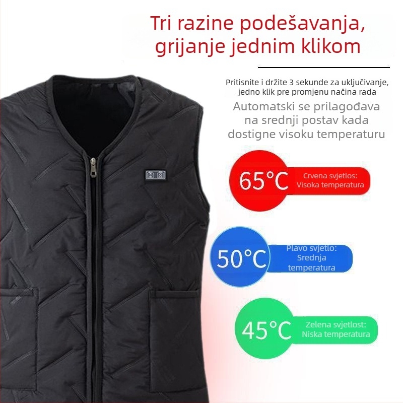 Muška električna grijna vest - potpuno tijelo grijanja, inteligentna kontrola temperature, zip, velur debeli materijal, poliester, zima 2025