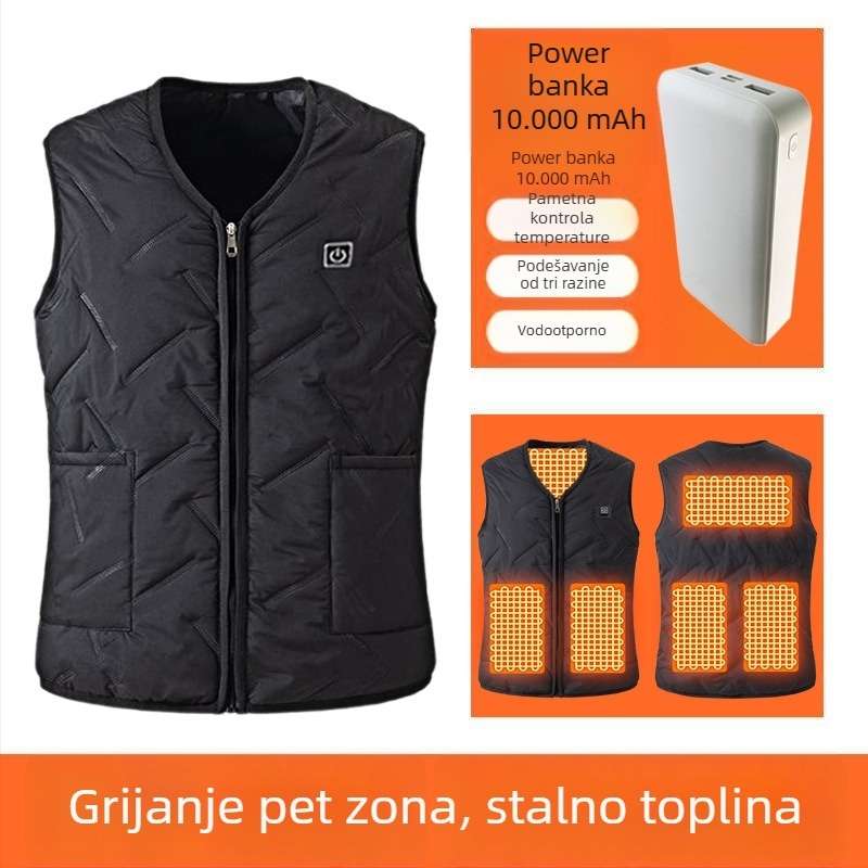 Muška električna grijna vest - potpuno tijelo grijanja, inteligentna kontrola temperature, zip, velur debeli materijal, poliester, zima 2025