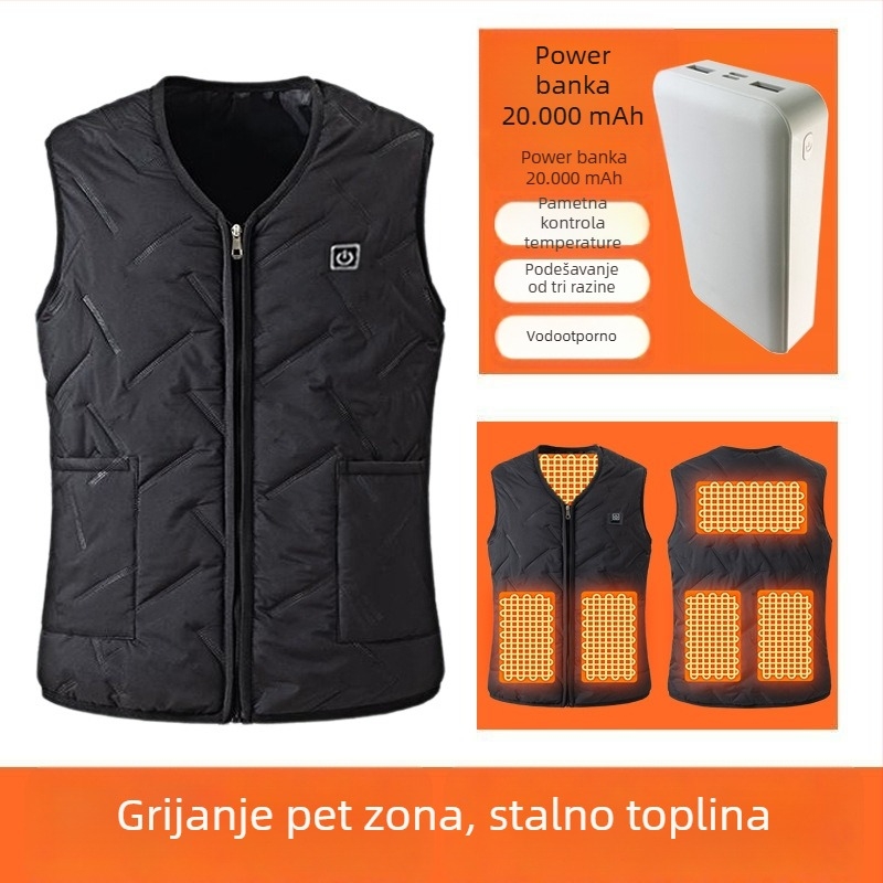 Muška električna grijna vest - potpuno tijelo grijanja, inteligentna kontrola temperature, zip, velur debeli materijal, poliester, zima 2025