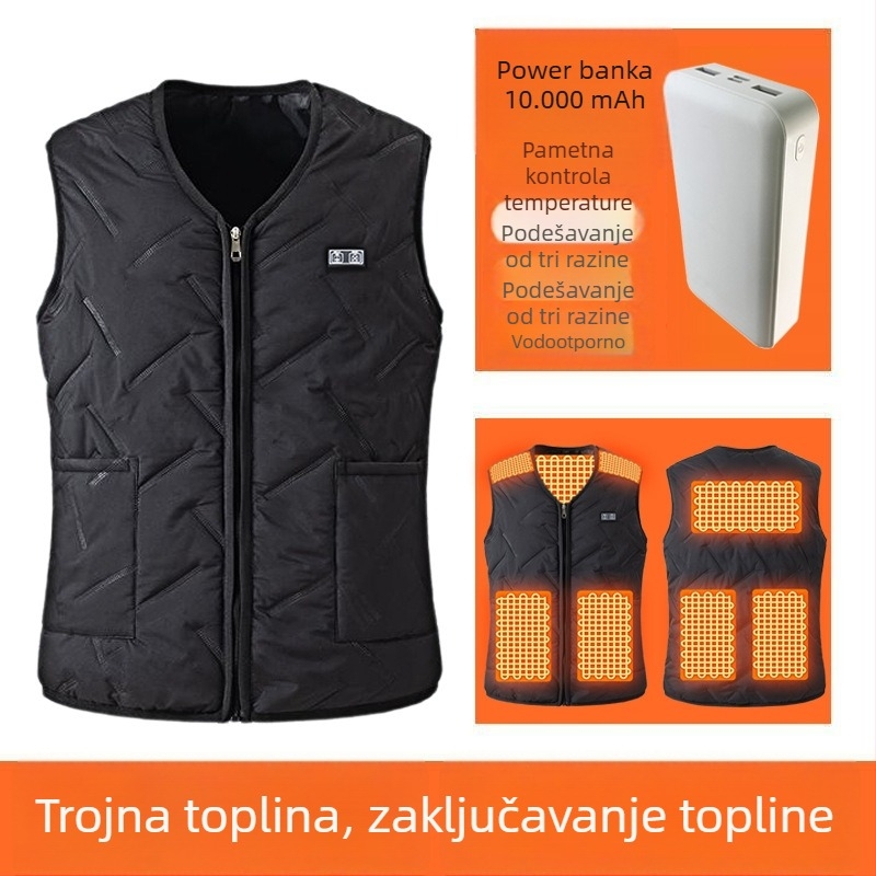 Muška električna grijna vest - potpuno tijelo grijanja, inteligentna kontrola temperature, zip, velur debeli materijal, poliester, zima 2025