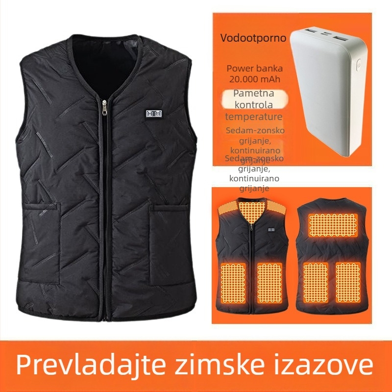 Muška električna grijna vest - potpuno tijelo grijanja, inteligentna kontrola temperature, zip, velur debeli materijal, poliester, zima 2025