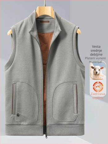 Muška pletena vesta od vune i akrila, sa stojećim ovratnikom, zatvaračem i uskim krojem